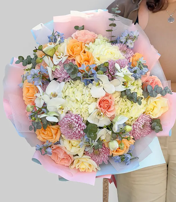 Grand Deluxe Pastel Ortanca Gül İsteme Söz Nişan Buketi